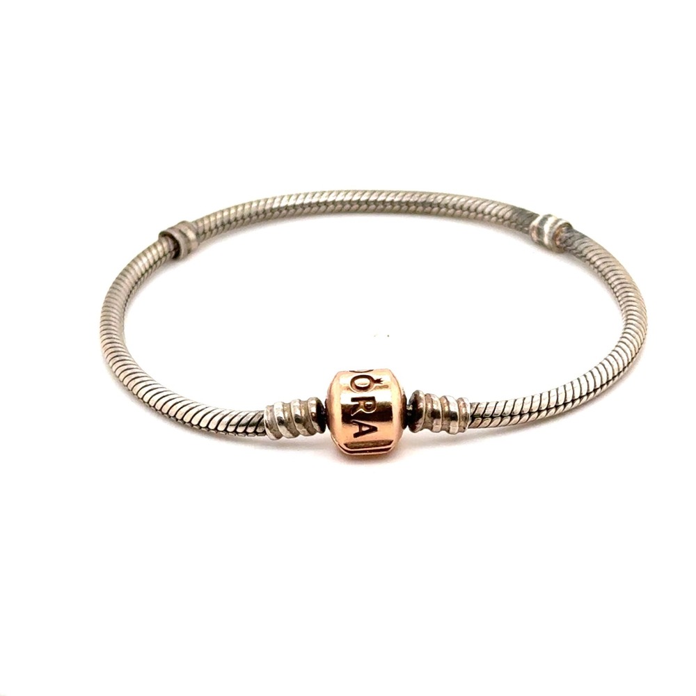 Pandora Moments Snake Chain Bracelet Sterling Silver Rose Gold Clasp 7.5in